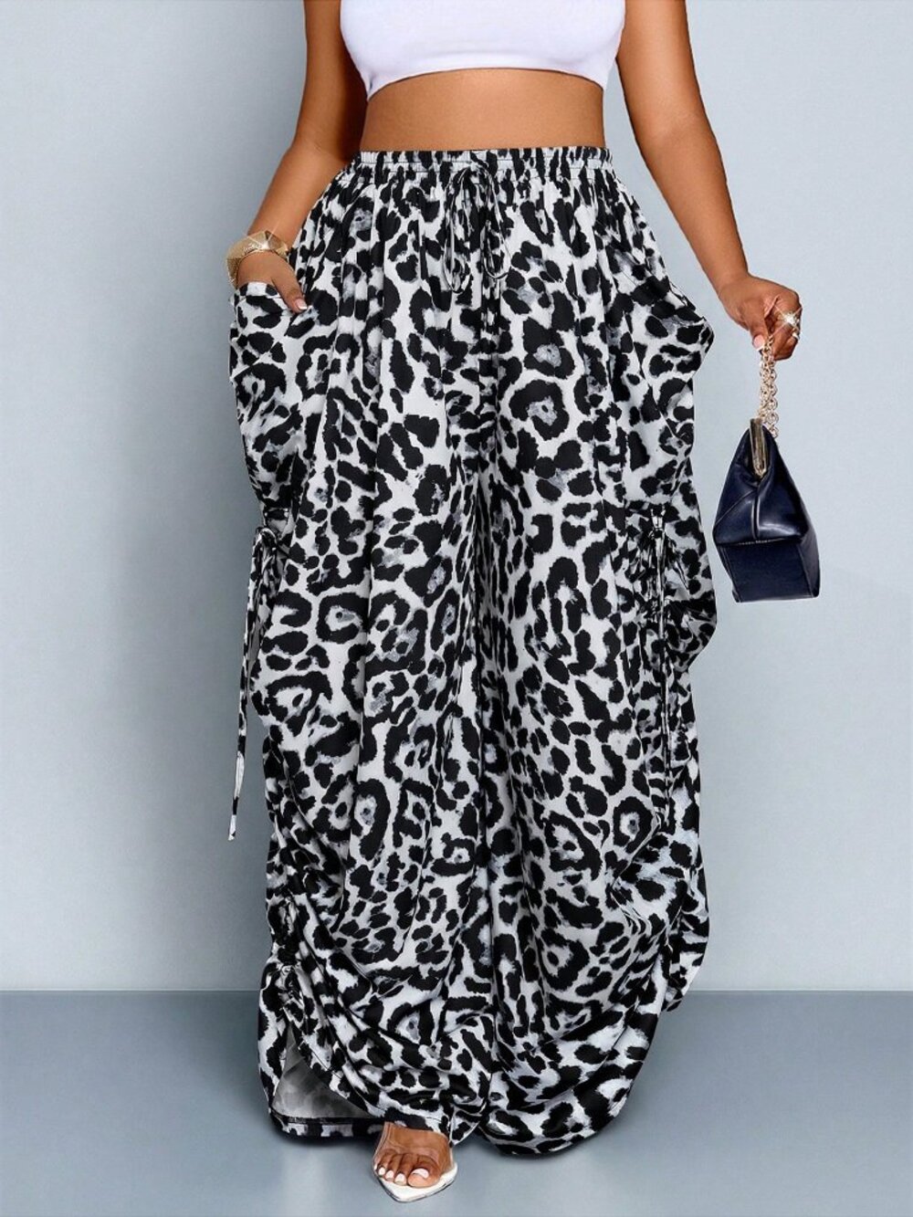 Black and White Casual Women's Loose Long Drawstring Wide-Leg Trousers